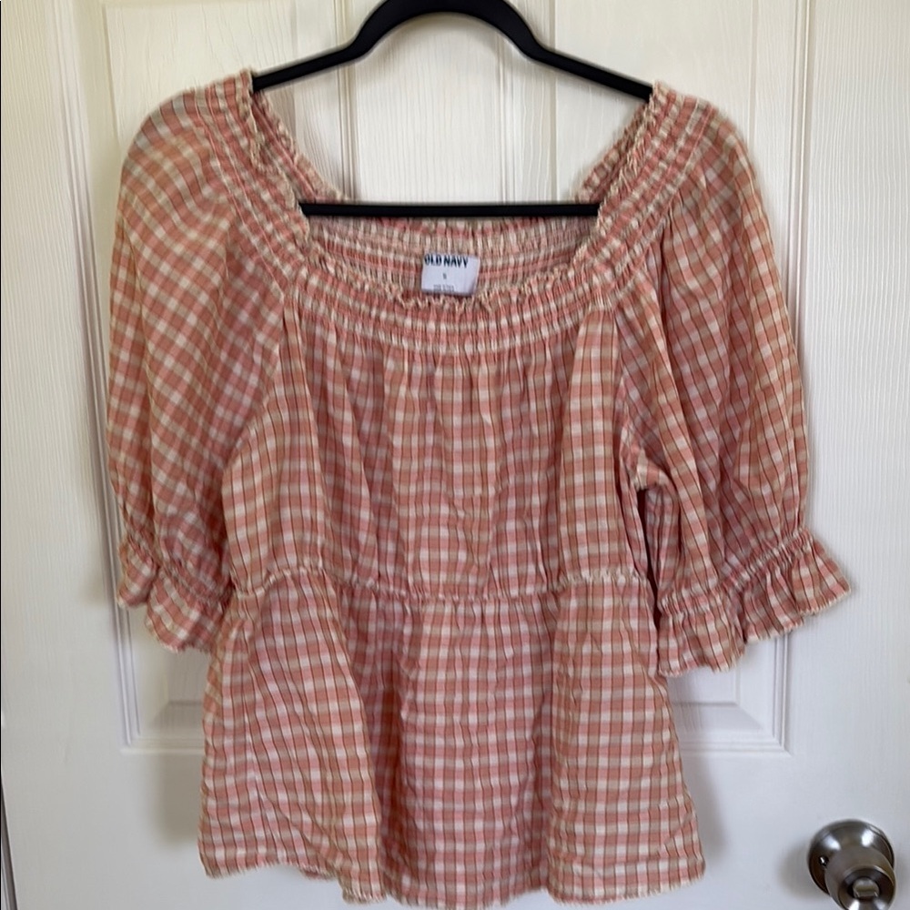 Old Navy Peach Plaid Women's Blouse Size Medium
